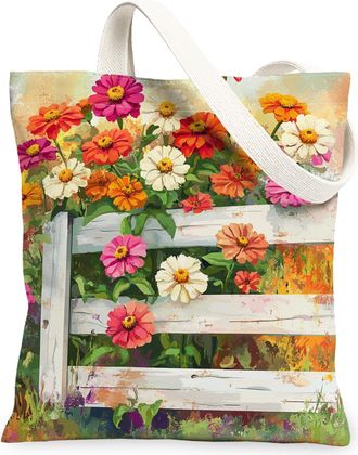 Generic Spring Zinnia Fence Flower Canvas Tote Bag for Shopping 13x15, Farmhouse Cute Floral Reusable Grocery Print Pattern Bag for Women Men, Fun Country Aes