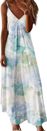 Generic Deals of The Day Sale Home Women Dresses Plus Size Floral Print Sleeveless Summer Dresses Sexy V Neck Spaghetti Straps Dresses Casual Elegant Beach Li