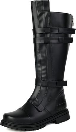 Generic Womens PU Leather Knight Boots with Side Zipper Round Toe Knee High Boots Round Toe Military Combat Boot,Black,5.5 UK