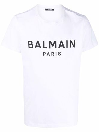 Balmain Mens Paris Print Logo T-shirt in White Cotton - Size X-Large