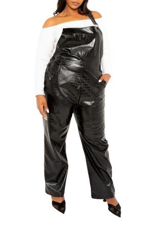 Buxom Couture Croc Embossed Faux Leather Overalls in Black at Nordstrom, Size 1X