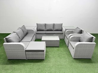 Fimous PE Rattan High Back Lounge Sofa Set Patio Coffee Table & Chairs Set with 3 Seater Sofa Reclining Chair Big Footstool 2 Side Table Light Grey