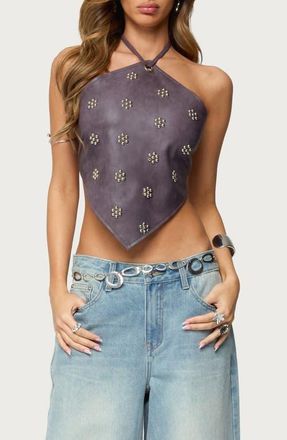 Edikted Shila Studded Faux Leather Halter Top in Purple at Nordstrom, Size X-Small