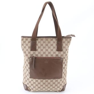 Gucci Beige Brown Leather Canvas Shoulder Bag Tote Bag (Pre-Owned)