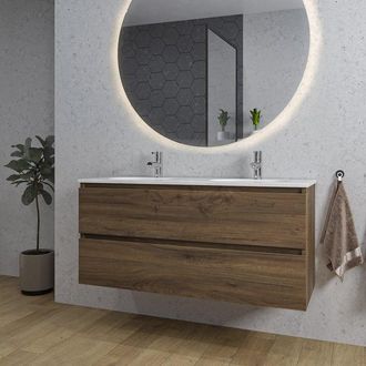 Saniclass Chaci Badkamermeubelset - 120x46x55cm - keramische wastafel wit - 2 ovale wasbakken - 2 kraangaten - 2 lades - ronde spiegel met verlichting - noten (