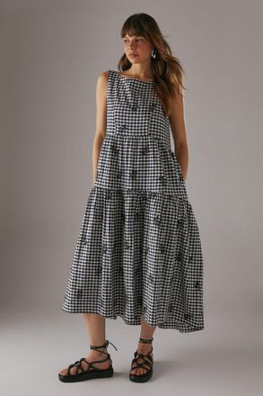 Warehouse Womens Embroidered Gingham Sleeveless Midi Sundress - Black Cotton - Size 16 UK