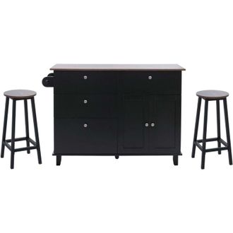 Hhg Isola cucina HHG-692 con 2 sgabelli, credenza con cassetti e scomparti MDF 90x131x47 cm, nero, legno scuro