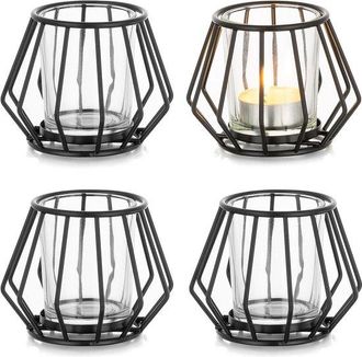 No Brand Set Di 4 Portacandele Tealight In Metallo Nero A Forma Geometrica, Ideali Per Soggiorno, Compleanno, Tavolo Da Pranzo, Stile Vintage