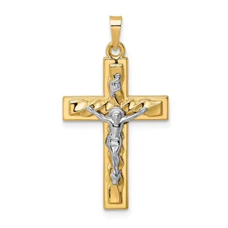 Diamond2Deal 14k Two-tone Gold Polished and Twisted Hollow INRI Crucifix Pendant