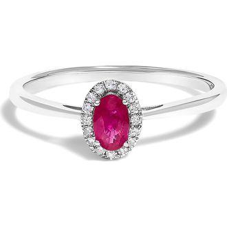 House of Brilliance 10K White Gold Oval and Diamond Accent Halo Birthstone Ring in Red Ruby at Nordstrom, Size 7.5