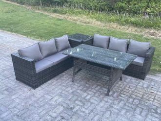 Fimous PE Wicker Outdoor Garden Furniture Set Patio Rattan Rectangular Dining Table Sofa Side Table 6 Seater in Dark Grey