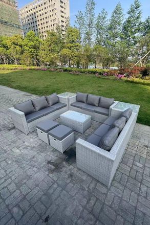 Fimous Outdoor Rattan Garden Furniture Set Lounge Sofa Set 2 Coffee Table 2 Footstools in Light Grey