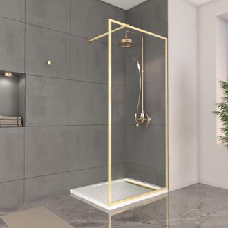 Aurlane Aurlane - Mampara De Ducha 100x200cm Acabado Oro Cepillado + Plato De Ducha Blanco Efecto Piedra 100x80x4cm