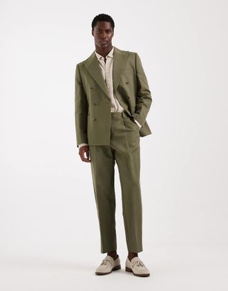 Asos Pantaloni da abito comodi affusolati in misto lino verde oliva scuro