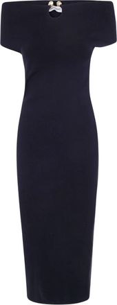 Alberta Ferretti Off-the-Shoulder Midi Dress with Pearl Accents