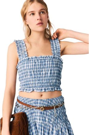 Maje Smocked rhinestone cotton top in Blue Check Print at Nordstrom, Size X-Small