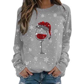 Generic long cardigans for women uk womens holiday clothes Christmas Jumpers for Women Fashion Wine Glasses Snowflake Print Long Sleeve Pullover Tops Casual C