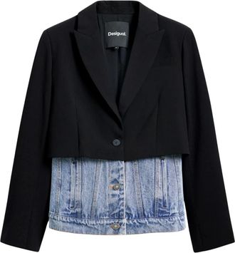 Desigual Jassen, Dames, Zwart, S, Katoen, Zwarte Button-Up Jas Lente/Zomer Vrouwen