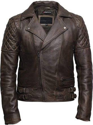 Brandslock Mens Leather Biker Jacket Cross Zip Brando Retro Casual Vintage Washed Brown Leather Jacket (L, Brown)