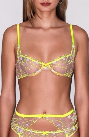 Fleur du Mal Etoile Embroidered Balconette Bra in Neon Yellow at Nordstrom, Size 32Dd