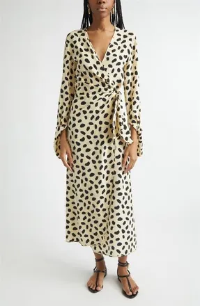 Johanna Ortiz Ollantay Print Long Sleeve Silk Wrap Dress in Ecru /Black at Nordstrom, Size 10