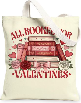 Generic ValentineS Books Canvas Tote Bags, Floral Heart Pattern Reusable Grocery Bags, Lightweight Washable Shoulder Strap Canvas, Cream, 13x15 Inch