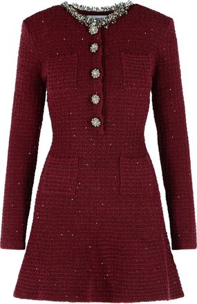 Self Portrait Burgundy Textured Mini Dress With Beaded Detailing