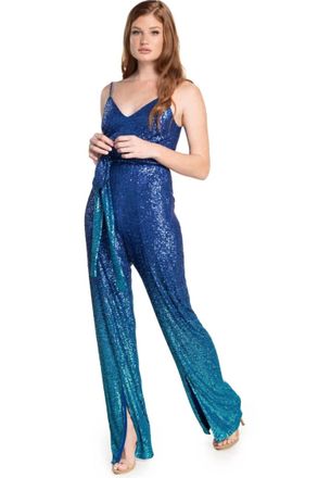 Dress The Population Stevie V-Neck Slit Leg Jumpsuit In Blue