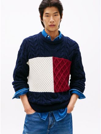 Tommy Hilfiger Mens Wool-Blend Cable Knit Flag Sweater - Navy Blue - XL