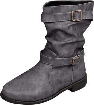 Generic Ankle Boots Wide Fit Women Mid-Calf Cowboy Cowgirl Boots with Low Chunky Heel Pull On Buckle Ladies Pixie Slouch Boot Fashion Western Shoes
