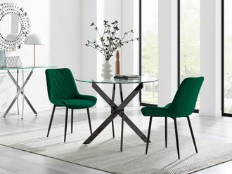 Furniturebox Novara 100cm Round Black Leg Dining Table & 2 Pesaro Black Leg Chairs in Green