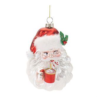 Melrose International Glass Santa with Hot Cocoa Ornament (Set of 6) - White, Red
