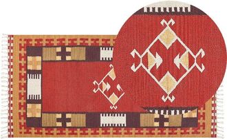 Beliani Beliani - Alfombra Kilim De Algod&oacute;n Rojo Marr&oacute;n Beige 80 X 150 Cm A Mano Geom&eacute;trico Borlas Parakar