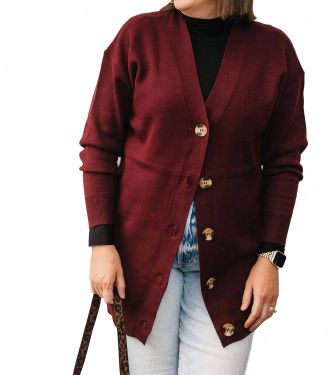 RD Style Long V-Neck Cardigan In Maroon