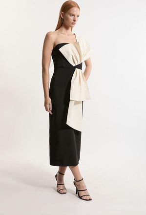 Karen Millen Archive Collection - Bow Detail One Shoulder Crepe Woven Midi Dress