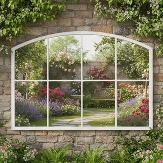 Melody Maison Distressed White Arched Window Wall Mirror - 100cm X 70cm | Size: 100 cm X 70 cm