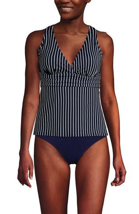 Lands End D-Cup V-Neck Plunge X Back Tankini Top in Navy/egret White Stripe at Nordstrom, Size X-Small