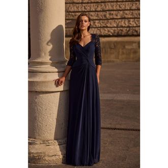 La Femme Jersey Gown with Knot Detail and Lace Sleeves in Navy at Nordstrom, Size 2