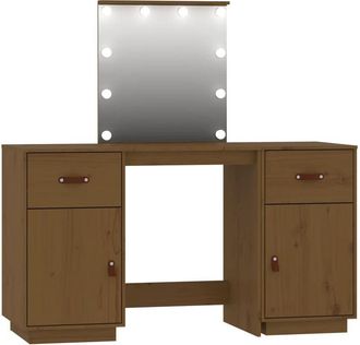 vidaXL Juego De Tocador Con Led Madera Maciza De Pino Marr&oacute;n Miel Vidaxl