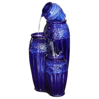 PRIMROSE Aber Blue Ceramic Cascading Vase Water Feature with LED Lights 87cm