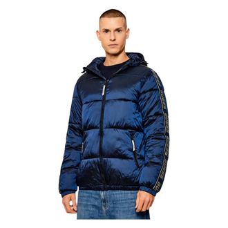 Guess Winter Jackets, male, Blue, Size: XL Giacca piumino con cappuccio in tessuto