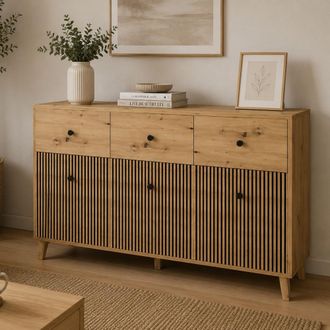 Dmora Aparador Lepa, Alacena 3 Estantes, 3 Cajones, 6 Compartimentos, 135x42x95h Cm Roble Marr&oacute;n