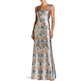 Mac Duggal Floral Sequin Sleeveless Square Neck Fitted Gown in Silver Multi at Nordstrom, Size 12