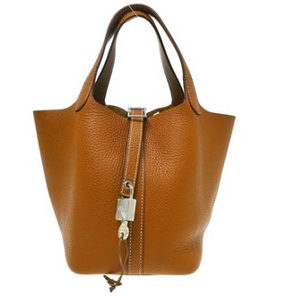 Herm&egrave;s Picotin Cl&eacute;mence Brown Leather Handbag (Pre-Owned)
