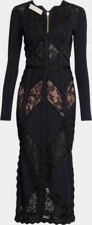 Elie Saab Lace-Inset Long-Sleeve Midi Dress