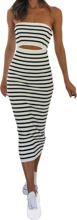 Generic Women Summer Strapless Knitted Long Dress Off Shoulder Solid/Striped Cutout Midi Dress Bodycon Backless Beach Sun Dresses Ladies Sexy Co Ord Set Crop/