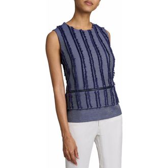 Santorelli Caterina Sleeveless Top with Zipper Detail in Stripe Fringed Denim in Marine Blue at Nordstrom, Size 4