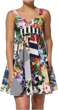 Dolce & Gabbana Patchwork Katoen Aline Mini Jurk - Dames - Korte kleedjes - Veelkleurig - 2XS - Katoen - Kleedjes