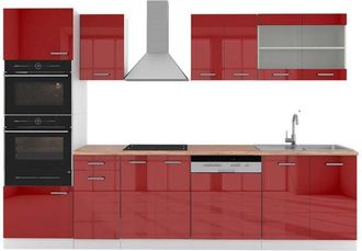 Vicco Cucina componibile R-Line, Bordeaux lucido/bianco, 300 cm con armadio alto, pl Rovere