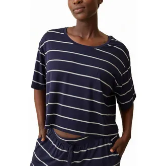 Kindred Bravely Aria Casual Cropped Short Sleeve Top in Navy White Stripe at Nordstrom, Size X-Large